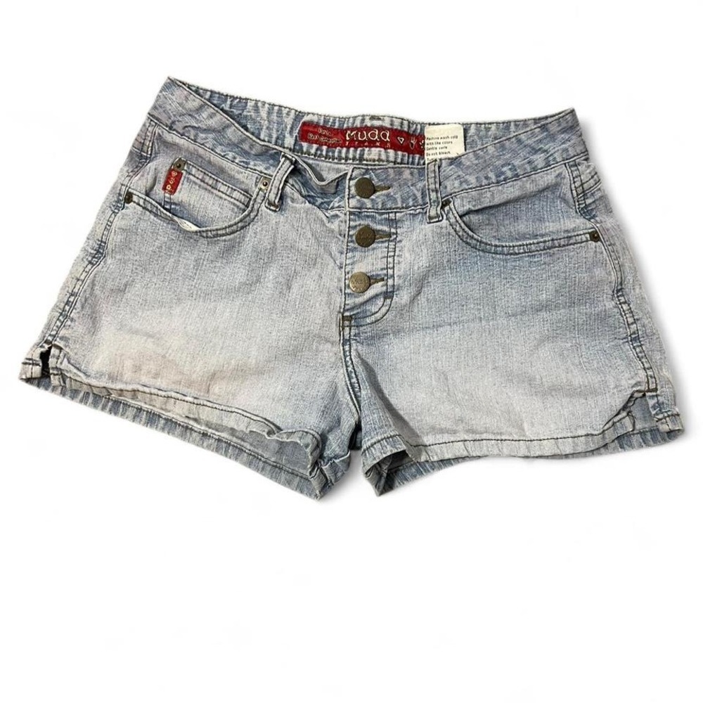 Mudd blue denim shorts with button fly and embroidered barbed wire butt pocket